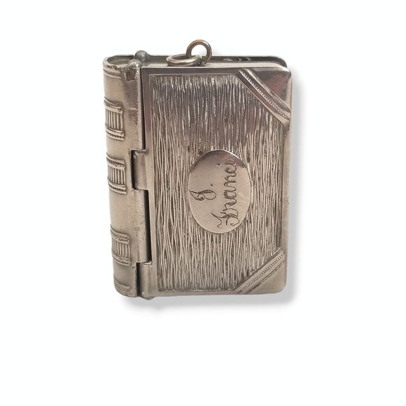 Antique 19th c. Silver Plated Book Vesta Case Pendant Engraved - Picture 2 of 13